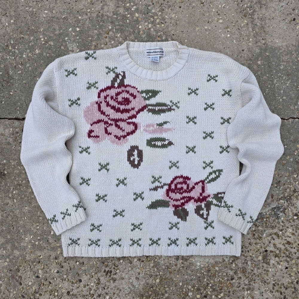Westbound Sweater Size L Cream Floral Roses Cottagecore Granny Garden 90s Spring